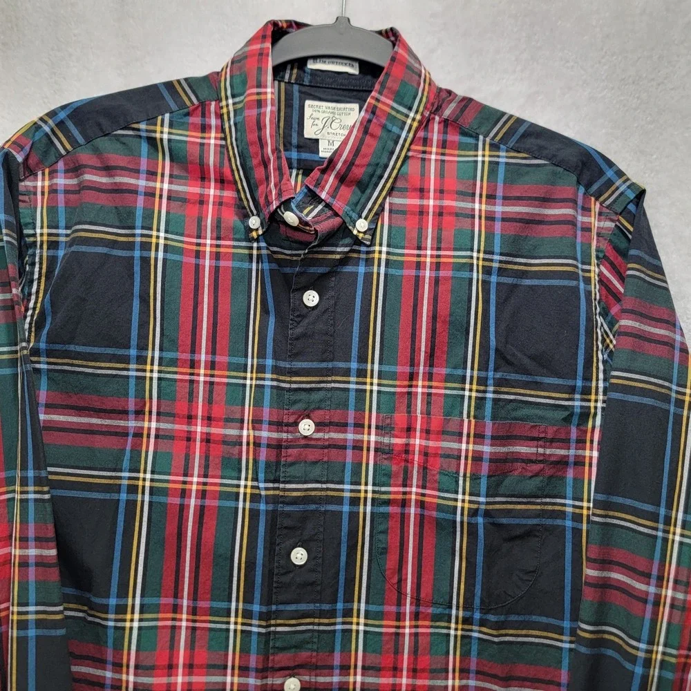 J. Crew Stretch Men Med Slim Untucked Shirt Button Down Green Red Plaid‎ Organic